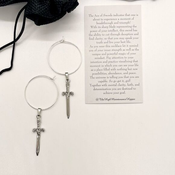 Large (30mm) Sterling Silver Drop Hoop Earrings with Excalibur Swords - Picture 2 of 2